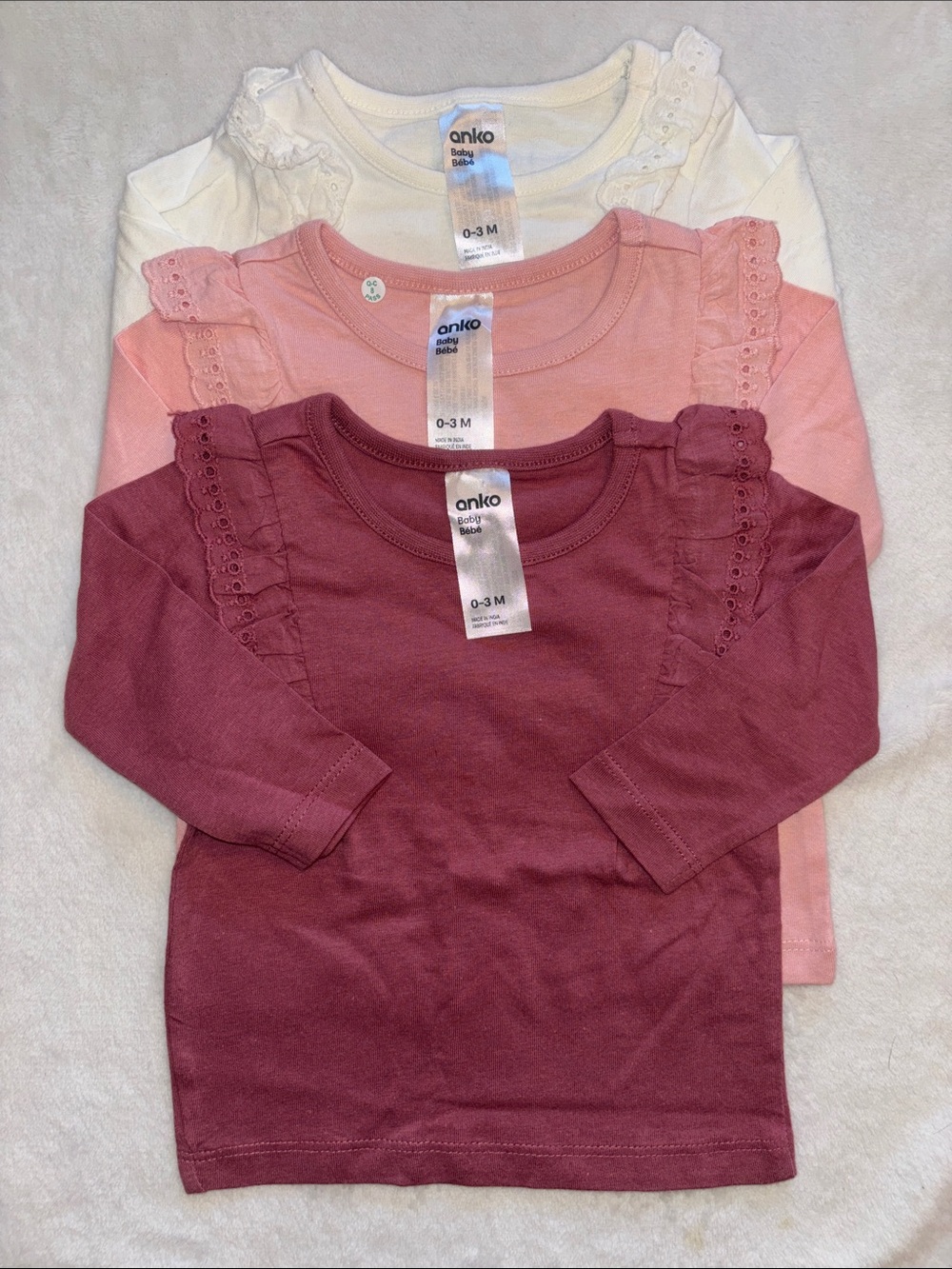 ANKO Baby Girls Long-Sleeve Ruffle Tee 3-Pack (White, Pink, Burgundy) baby girl